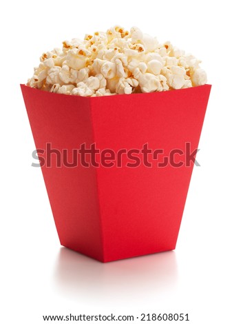 Full red bucket of popcorn, isolated on the white background, clipping path included.