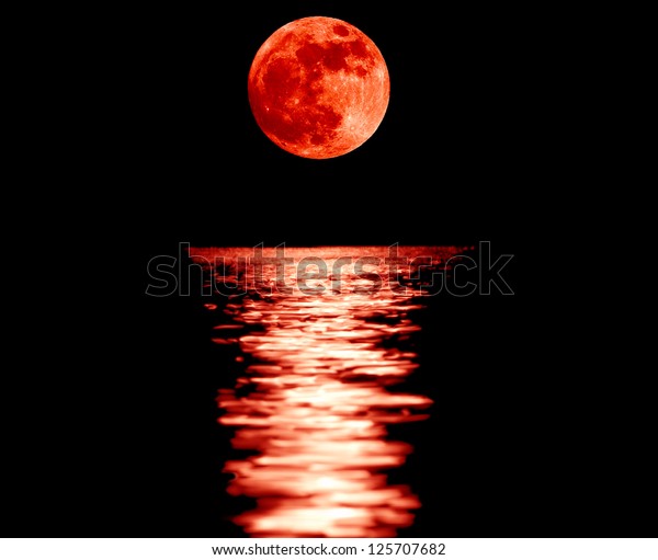 Full red moon with\
reflection closeup showing the details of the lunar surface.As seen\
from Varna,Bulgaria