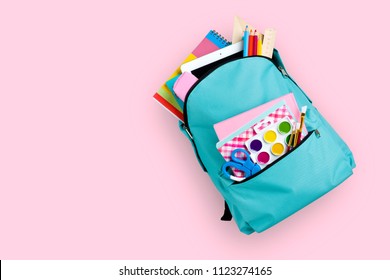 Full School Backpack Isolated On Pink Background