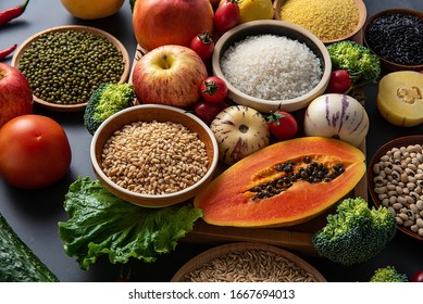 Full Screen Of Fresh Seasonal Fruits And Vegetables And Whole Grains	
