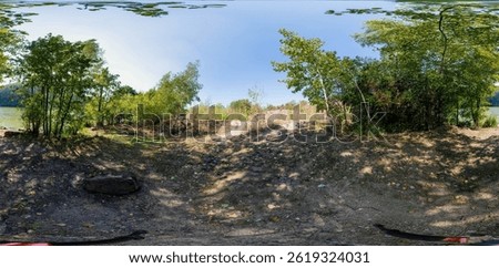 Full seamless 360 degree angle view spherical HDRi panorama of green forest trails during autumn season in equirectangular projection. AR VR virtual reality content scene natural landscape