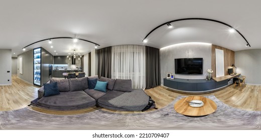 full seamless hdri 360 panorama in interior of guest living room hall with kitchen in studio apartment with table sofa and tv in equirectangular spherical projection, VR content - Shutterstock ID 2210709407