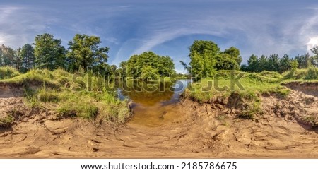 full seamless hdri 360 panorama view on sand bank of river near forest in equirectangular spherical projection as background for vr content