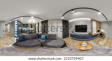 full seamless hdri 360 panorama in interior of guest living room hall with kitchen in studio apartment with table sofa and tv in equirectangular spherical projection, VR content