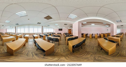 Full Seamless Spherical Hdr 360 Panorama View In Modern Empty Classroom, Conference And Lecture Hall In Equirectangular Projection, AR VR Content