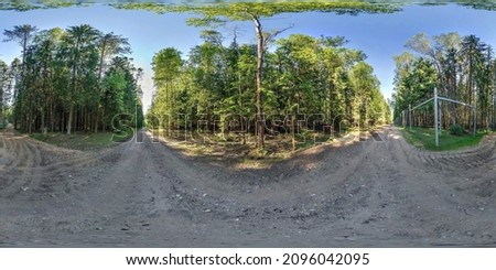 full seamless spherical hdr 360 panorama on no traffic gravel road among forest in summer day in equirectangular projection, ready  VR AR virtual reality content