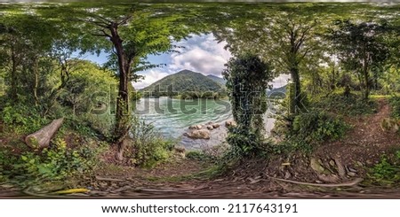 full seamless spherical hdr panorama 360 degrees angle view among the bushes of forest near river or lake high in mountains in equirectangular projection, ready VR AR virtual reality content