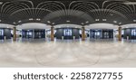 full seamless spherical hdri 360 panorama in interior empty square in hall of IT company among the corridors with brick columns in equirectangular projection