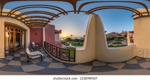 full seamless spherical hdri 360 panorama view on second floor of balcony or terrace overlooking sunrise or sunset overlooking the sea and palm trees in equirectangular projection, for VR AR content