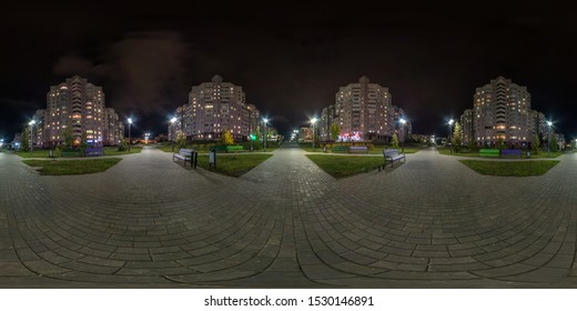 Full Seamless Spherical Hdri Night Panorama 360 Degrees Angle View On Crossroads Of Pedestrian Street With Light In Windows Of Multistory Building Area Of Urban Development Residential Quarter