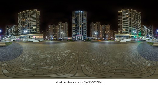 Full Seamless Spherical Hdri Night Panorama 360 Near Skyscraper Multistory Buildings Of Residential Quarter With Light In Windows In Equirectangular Projection