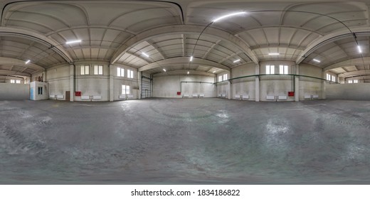 full seamless spherical hdri panorama 360 degrees in interior of large empty room as warehouse or hangar in equirectangular projection. VR AR concept