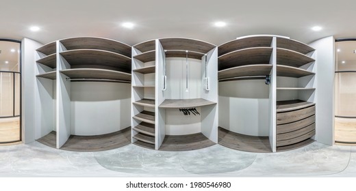 full seamless spherical hdri panorama 360 angle view inside empty big wardrobe room in modern apartment or hotel in equirectangular projection. ready for VR AR content