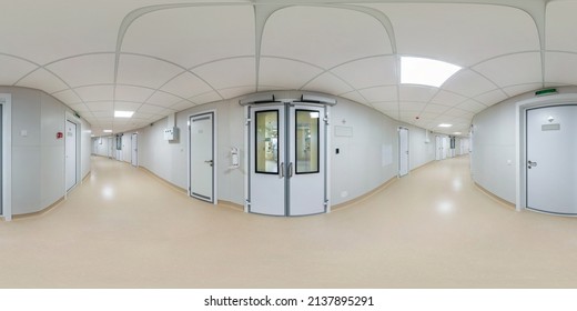 Full Seamless Spherical Hdri Panorama 360 Degrees Angle View In Interior Of White Empty Corridor In Modern Clinic Or Hospital In Equirectangular Projection. VR Content