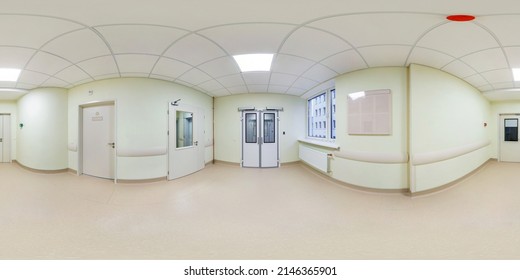 Full Seamless Spherical Hdri Panorama 360 Degrees Angle View In Interior Of White Empty Corridor In Modern Clinic Or Hospital In Equirectangular Projection. VR Content