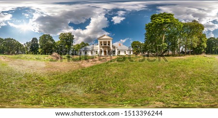 full seamless spherical hdri panorama 360 degrees angle view near abandoned homestead castle with columns in equirectangular spherical projection with zenith and nadir. for VR content