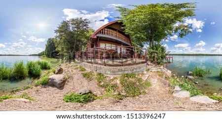 full seamless spherical hdri panorama 360 degrees angle view near abandoned homestead castle with columns near lake in equirectangular spherical projection with zenith and nadir. for VR content