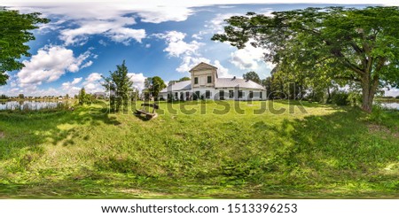 full seamless spherical hdri panorama 360 degrees angle view near abandoned homestead castle with columns near lake in equirectangular spherical projection with zenith and nadir. for VR content