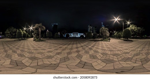 Full Seamless Spherical Night Panorama 360 Degrees Angle View On An Empty Pedestrian Street With Street Lights In Equirectangular Projection, For VR AR Content