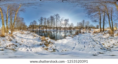 full seamless spherical panorama 360  degrees angle view near narrow fast river in a winter sunny evening. 360 panorama in equirectangular projection. VR AR virtual reality content