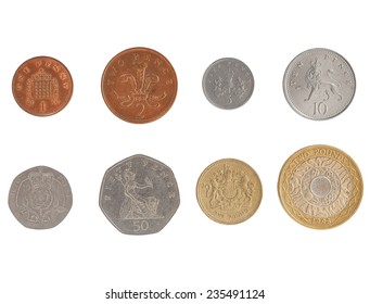 Full series of Pound and Pence coins currency of the United Kingdom isolated over white