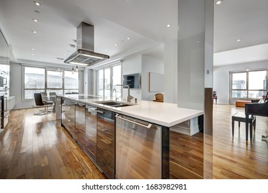Full set of apartment penthouse in condominium in downtown Montreal Canada with winter city views