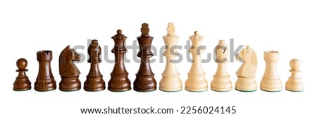 Full set of dark and light wooden chess pieces, isolated on white background