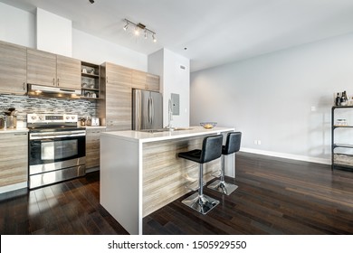 Full set for modern Canadian condominium in Montreal, interior.