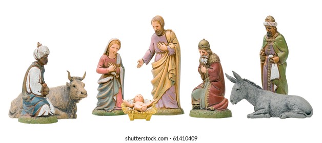 Full Set Of Nativity Figurines, Isolated.