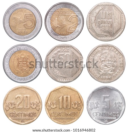 Full set of Peruvian coins isolated on white background