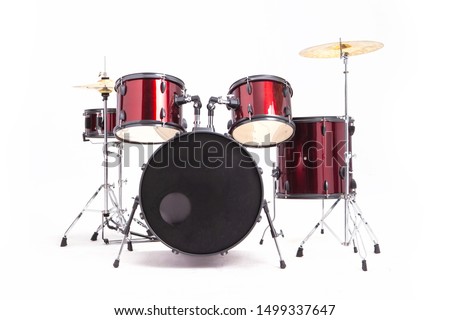 Full set red Drums in studio empty isolated on white bacground