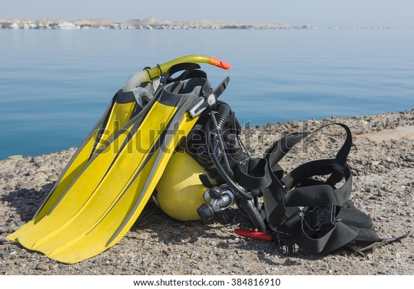Full set of scuba diving equipment on the ground\
next to a tropical sea\
coast