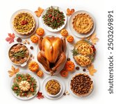 A Full Set Thanksgiving Dinner with turkey, potatoes, gravy, and greens salad, Pumpkin pie, decor on a white background with some fruits and leaves