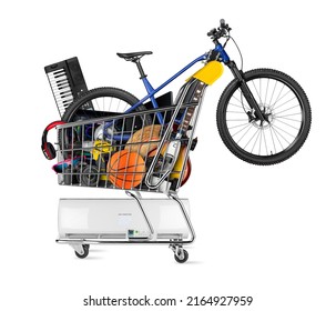 Full Shop Cart Filled With Many Goods Like Bicycle Music Instruments Multimedia Equipment DSLR Camera And Pc Computer Hardware Isolated On White Background. Online Shopping Ecommerce Concept