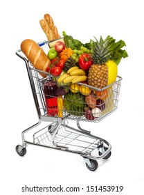 Full Shopping Grocery Cart. Isolated On White Background.