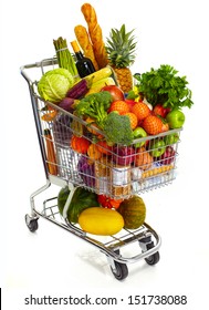 Full shopping grocery cart. Isolated on white background.