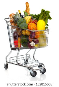 Full Shopping Grocery Cart. Isolated On White Background.