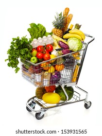 Full Shopping Grocery Cart. Isolated On White Background.