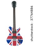 Full shot of an electric guitar with the British flag on it.