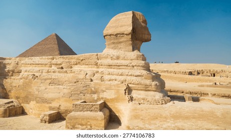 Full side view of the Great Sphinx of Giza with the Pyramid of Khafre in the background, archaeological plateau under bright sunlight, Egypt