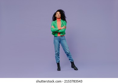 Full Size Body Length Charismatic Serious Bright Young Black Curly Woman 20s Wears Casual Clothes Looking Camera Holding Hands Crossed Isolated On Plain Pastel Light Violet Background Studio Portrait