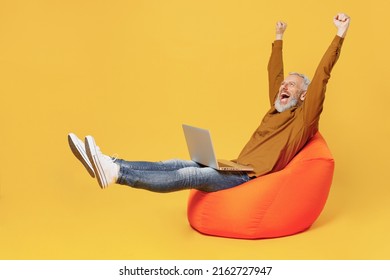 Full Size Body Length Elderly Gray-haired Bearded Man 60s Years Old Wears Brown Shirt Sit In Bag Chair Hold Use Laptop Pc Computer Clenching Fists Isolated On Plain Yellow Background Studio Portrait