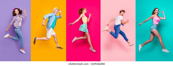 Full size body length view portrait of cheerful cheery glad dreamy sporty people in a striped T-shirt overalls activity lifestyle dream isolated on different color bright vivid shine background - Shutterstock ID 1329266384