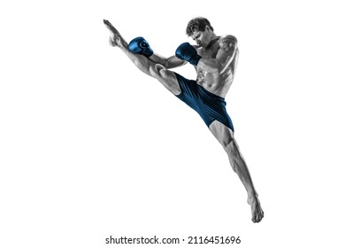 Full size of boxer who exercises thai boxing art in silhouette studio on white background. Blue sportswear. Sport concept. Black and white 