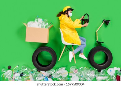 Full Size High Angle Flat Lay Photo Responsible Citizen Lady Drive Motor Bike Trash Recycling Center Plastic Products Littered Street Nature Earth Pollution Isolated Green Color Background