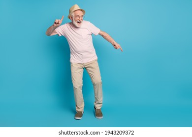 Full Size Photo Of Aged Man Pensioner Happy Positive Smile Have Fun Dance Party Isolated Over Blue Color Background