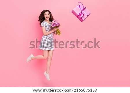 Full size photo of attractive cute brown haired lady receive birthday present isolated on pink color background