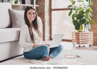 Full Size Photo Of Attractive Happy Positive Good Mood Cheerful Woman Sit Floor With Crossed Legs Working In Laptop At Home