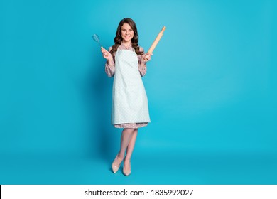 Full Size Photo Of Beautiful Attractive Lady Hold Hands Kitchen Utensils, Mixer Rolling Pin Cooking Family Cake Pie Wear Apron Dotted Dress Stilettos Isolated Blue Color Background