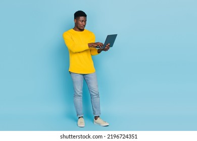 Full Size Photo Of Boss Millennial Brunet Guy Look Laptop Wear Smart Casual Isolated On Blue Background